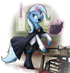 Size: 955x1000 | Tagged: safe, artist:king-kakapo, trixie, pony, unicorn, g4, annoyed, bipedal leaning, book, cape, clothes, cosplay, female, fluffy, levitation, louise franoise le blanc de la vallire, magic, mare, mary janes, open mouth, shoes, skirt, socks, solo, table, telekinesis, the familiar of zero, unshorn fetlocks, wand, zero no tsukaima, zettai ryouiki