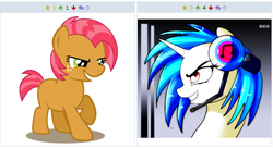 Size: 510x278 | Tagged: safe, babs seed, dj pon-3, vinyl scratch, derpibooru, g4, exploitable meme, juxtaposition, juxtaposition win, meme, meta