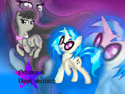 Size: 1024x768 | Tagged: dead source, safe, artist:sakurafly101, dj pon-3, octavia melody, vinyl scratch, g4, female, lesbian, ship:scratchtavia, shipping, wallpaper