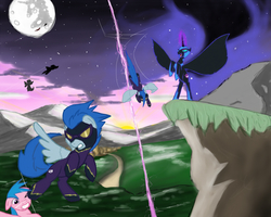 Size: 1024x819 | Tagged: safe, artist:scherzo, firefly, nightmare moon, g1, g4, clothes, flying, goggles, magic, mare in the moon, moon, night, shadowbolts, shadowbolts costume