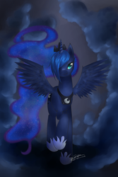 Size: 1080x1616 | Tagged: safe, artist:hipnoticpencil, princess luna, g4, alternate hairstyle, female, hair over one eye, solo, spread wings