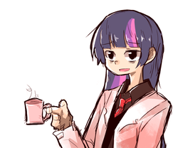 Size: 1200x1000 | Tagged: safe, artist:gyaheung, twilight sparkle, human, g4, bags under eyes, clothes, coffee mug, female, humanized, lab coat, mad scientist, mug, necktie, scientist, shirt, solo, tired, vest