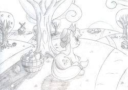 Size: 1224x865 | Tagged: safe, artist:urimas, applejack, g4, apple, female, monochrome, solo, sunset, traditional art, tree