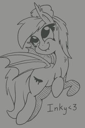 Size: 1576x2361 | Tagged: safe, artist:flowbish, oc, oc only, oc:inky, bat pony, pony, fangs, flying, hair bun, looking up, monochrome, smiling, spread wings, traditional art