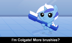 Size: 1600x973 | Tagged: safe, minuette, pony, unicorn, g4, :t, baby, baby pony, brushie, caption, cs captions, cute, cutegate, filly, foal, smiling, toothbrush