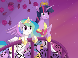 Size: 1200x900 | Tagged: safe, artist:keterok, princess celestia, twilight sparkle, alicorn, pony, g4, age swap, balcony, female, mare, new crown, older, open mouth, role reversal, smiling, twilight sparkle (alicorn), younger