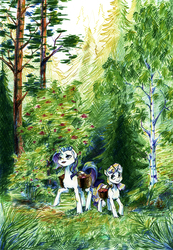 Size: 1037x1500 | Tagged: safe, artist:koviry, rarity, sweetie belle, g4, forest, raised hoof, saddle bag, scenery, sisters, traditional art