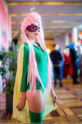 Size: 1065x1600 | Tagged: safe, fluttershy, saddle rager, human, rubronycon, g4, power ponies (episode), clothes, cosplay, irl, irl human, leotard, photo, power ponies, stockings