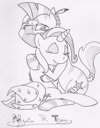 Size: 900x1152 | Tagged: safe, artist:derpydooreviews, trixie, oc, oc:centaurlord, pony, unicorn, zebra, g4, canon x oc, female, hug, male, mare, monochrome, shipping, straight, traditional art