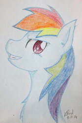 Size: 730x1093 | Tagged: safe, artist:missitofu, rainbow dash, g4, female, looking at you, smiling, solo, traditional art