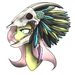 Size: 1280x1278 | Tagged: safe, artist:taps, fluttershy, pegasus, pony, g4, bust, chiefyshy, feather, female, goat skull, headdress, helmet, skull, skull helmet, solo