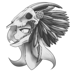 Size: 1280x1278 | Tagged: safe, artist:taps, fluttershy, pegasus, pony, g4, bust, chiefyshy, feather, goat skull, headdress, helmet, monochrome, skull, skull helmet, solo