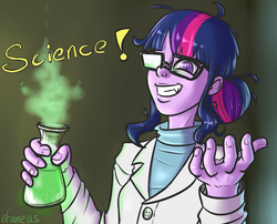 Size: 1268x1023 | Tagged: safe, artist:draneas, sci-twi, twilight sparkle, equestria girls, g4, bust, clothes, erlenmeyer flask, female, for science, glasses, lab coat, looking at you, mad scientist, science, solo, sweater, turtleneck