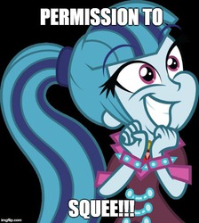 Size: 490x546 | Tagged: artist needed, safe, sonata dusk, equestria girls, g4, my little pony equestria girls: rainbow rocks, black background, caption, cute, doctor who, female, grin, image macro, imgflip, simple background, smiling, solo, sonatabetes, squee, text, wide eyes