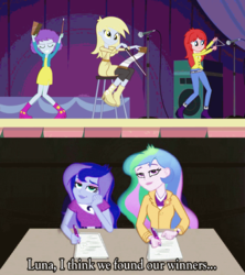 Size: 1280x1440 | Tagged: safe, screencap, blueberry pie, derpy hooves, princess celestia, princess luna, principal celestia, raspberry fluff, vice principal luna, equestria girls, g4, my little pony equestria girls: rainbow rocks, background human, battle of the bands, cowbell, judges, musical instrument, musical saw, principal-vice principal judges you, triangle