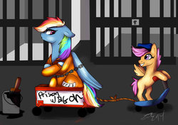 Size: 1024x721 | Tagged: safe, artist:keyace, rainbow dash, scootaloo, g4, bound wings, chains, clothes, duo, paint, prison, prison outfit, prisoner, prisoner rd, scooter, wagon
