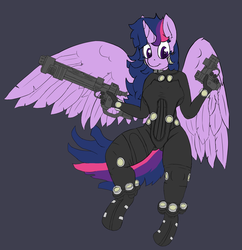 Size: 2000x2066 | Tagged: safe, artist:magical disaster, twilight sparkle, anthro, g4, breasts, clothes, cosplay, costume, female, flying, gantz, gun, high res, looking at you, no trigger discipline, overall, seve, twilight sparkle (alicorn), wip