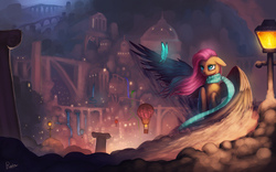 Size: 1920x1200 | Tagged: safe, artist:rain-gear, fluttershy, butterfly, pegasus, pony, g4, city, clothes, cloud, cloudsdale, female, hot air balloon, mare, scarf, scenery, solo