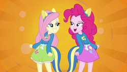 Size: 1920x1080 | Tagged: safe, screencap, fluttershy, pinkie pie, equestria girls, g4, clothes, cutie mark on clothes, female, fluttershy's skirt, lidded eyes, out of context, skirt