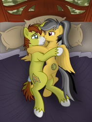 Size: 3600x4800 | Tagged: safe, artist:dolphinfox, daring do, oc, oc:allen sparkle, pegasus, pony, unicorn, g4, bed, canon x oc, female, horn, male, mare, shipping, stallion, straight