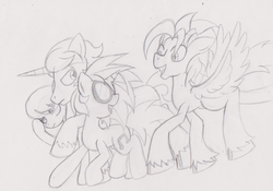 Size: 1570x1098 | Tagged: safe, artist:mytatsur, dj pon-3, octavia melody, vinyl scratch, pegasus, pony, unicorn, g4, male, monochrome, request, sketch, stallion, traditional art