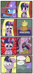 Size: 1920x4320 | Tagged: safe, artist:comradefluffski, spike, trixie, twilight sparkle, pony, unicorn, g4, best pony, comic, female, fire, implied spikeabuse, library, mare, prank