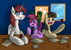 Size: 3650x2571 | Tagged: safe, artist:jorobro, berry punch, berryshine, wild fire, oc, pony, g4, blushing, drunk, high res, trio