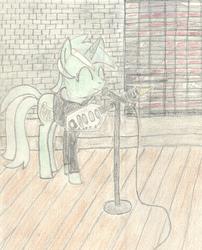 Size: 3315x4096 | Tagged: safe, artist:barryfrommars, lyra heartstrings, pony, unicorn, fanfic:background pony, g4, background pony, clothes, crossover, guitar, hoodie, joy division, microphone, microphone stand, musical instrument, pencil drawing, reference, traditional art, vox phantom, window, wooden floor