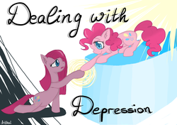 Size: 2480x1748 | Tagged: safe, artist:drhikari, pinkie pie, earth pony, pony, comic:dealing with depression, g4, cover, depression, duality, duo, pinkamena diane pie