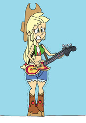 Size: 955x1353 | Tagged: safe, artist:hunterxcolleen, applejack, equestria girls, g4, bass guitar, bikini, bikini top, boots, clothes, cold, freezing, freezing fetish, humanized, musical instrument, shivering, shorts, snow, swimsuit