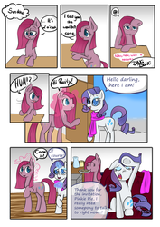 Size: 2480x3508 | Tagged: safe, artist:drhikari, pinkie pie, rarity, pony, comic:dealing with depression, g4, clothes, comic, cookie, couch, food, high res, pinkamena diane pie, plate, scarf
