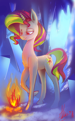 Size: 2472x4000 | Tagged: safe, artist:alumx, sunset shimmer, pony, unicorn, g4, female, fire, looking down, smiling, solo