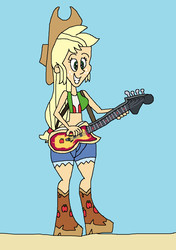 Size: 955x1357 | Tagged: safe, artist:hunterxcolleen, applejack, equestria girls, g4, bass guitar, beach, bikini, bikini top, boots, clothes, humanized, musical instrument, shorts, swimsuit