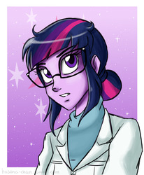 Size: 1280x1554 | Tagged: safe, artist:hasana-chan, sci-twi, twilight sparkle, equestria girls, g4, my little pony equestria girls: rainbow rocks, 30 minute art challenge, clothes, cutie mark background, female, glasses, hair bun, lab coat, looking at you, solo