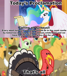 Size: 1021x1149 | Tagged: safe, princess celestia, alicorn, donkey, earth pony, pony, turkey, g4, celestia's proclamation, comic, exploitable meme, female, male, mare, meme, seems legit, stallion, thanksgiving