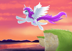 Size: 1024x731 | Tagged: safe, artist:confetticakez, oc, oc only, alicorn, pony, alicorn oc, cloud, dawn, female, flying, grass, looking up, mare, ocean, sky, spread wings, underhoof, wings