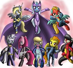 Size: 4576x4272 | Tagged: safe, artist:voltictail, derpy hooves, lightning dust, lily, lily valley, octavia melody, pinkie pie, spitfire, trixie, zecora, earth pony, pegasus, pony, unicorn, zebra, g4, absurd resolution, avengers, bipedal, black widow (marvel), captain marvel (marvel), crossover, maria hill, marvel, mockingbird, pinkamena diane pie, scarlet witch, simple background, spider-woman, storm (marvel), wasp (marvel)