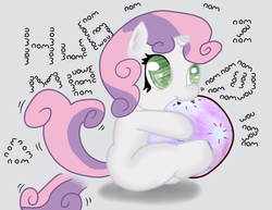 Size: 2385x1845 | Tagged: safe, artist:lord waite, artist:remareshadows, edit, sweetie belle, g4, ball, cute, diasweetes, female, filly, hnnng, hug, nom, sitting, smiling, solo, tail wag