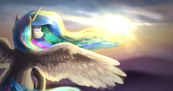 Size: 1445x758 | Tagged: dead source, safe, artist:spaghettidolphin, princess celestia, g4, dawn, female, light, solo, spread wings, sun, twilight (astronomy)