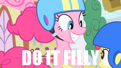 Size: 640x360 | Tagged: safe, apple bloom, pinkie pie, earth pony, pony, g4, do it filly, female, filly, foal, image macro, mare, meme, text