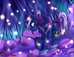 Size: 1017x786 | Tagged: safe, artist:ladypixelheart, oc, oc only, oc:azure night, oc:seline, azuna, carrying, father and daughter, night, offspring, parent:oc:azure night, parent:princess luna, parents:azuna, parents:canon x oc, piggyback ride, ponies riding ponies, riding, sleeping