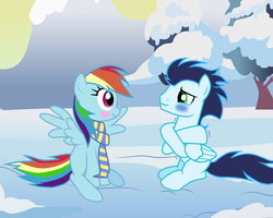 Size: 1024x819 | Tagged: safe, artist:rulette, rainbow dash, soarin', g4, blushing, clothes, cold, female, gentlecolt, male, scarf, ship:soarindash, shipping, shivering, smiling, snow, spread wings, straight
