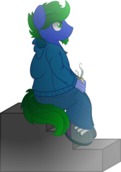 Size: 4909x6988 | Tagged: safe, artist:gray-gold, oc, oc only, oc:stormcloud, anthro, absurd resolution, anthro oc, chubby, clothes, colorado, cup, cute, goatee, hoodie, pants, shoes, sitting, solo, winter