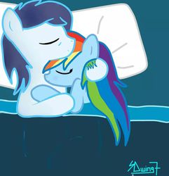 Size: 879x910 | Tagged: safe, artist:sdwing7, rainbow dash, soarin', g4, cuddling, female, male, ship:soarindash, shipping, sleeping, snuggling, straight