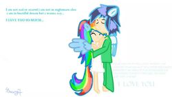 Size: 960x540 | Tagged: safe, artist:sdwing7, rainbow dash, soarin', human, g4, clothes, cuddling, female, humanized, male, pajamas, ship:soarindash, shipping, snuggling, straight