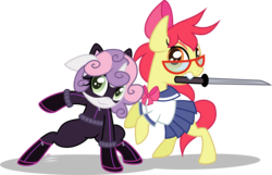 Size: 3578x2300 | Tagged: safe, artist:xebck, apple bloom, sweetie belle, earth pony, pony, unicorn, g4, alternate hairstyle, bipedal, cat ears, catwoman, clothes, costume, glasses, high res, katana, mask, mouth hold, sailor uniform, simple background, superhero, sword, transparent background, vector, weapon