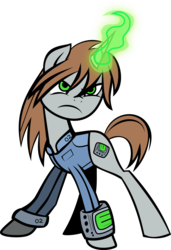 Size: 1007x1473 | Tagged: safe, oc, oc only, oc:littlepip, pony, unicorn, fallout equestria, clothes, fanfic, fanfic art, female, glowing horn, hooves, horn, jumpsuit, magic, mare, pipbuck, simple background, solo, transparent background, vault suit, vector