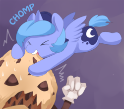 Size: 800x700 | Tagged: safe, artist:ende26, princess luna, g4, biting, chomp, cookie, cute, eyes closed, filly, monster, sweat, tumblr, woona, woona knight