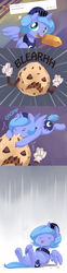 Size: 800x3208 | Tagged: safe, artist:ende26, princess luna, alicorn, pony, g4, biting, chomp, chubby, cookie, cute, eyes closed, filly, food monster, lunabetes, monster, mouth hold, sweat, sword, tumblr, weapon, wooden sword, woona, woona knight