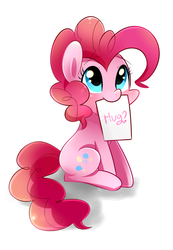 Size: 900x1300 | Tagged: safe, artist:sion-ara, pinkie pie, earth pony, pony, g4, blushing, bronybait, crayon, cute, diapinkes, female, hug, hug request, looking up, mouth hold, paper, simple background, sitting, solo, white background